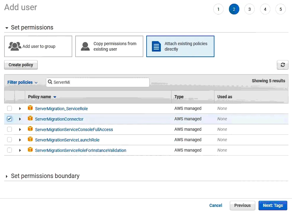 Attaching a ServerMigrationConnector policy for AWS EC2 migration