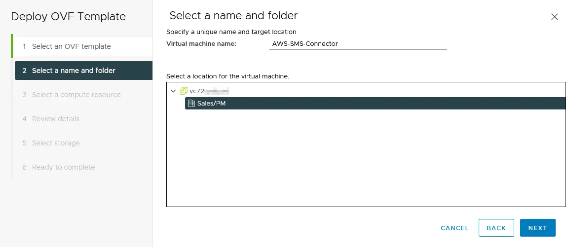 Entering a VM name and selecting a VM location