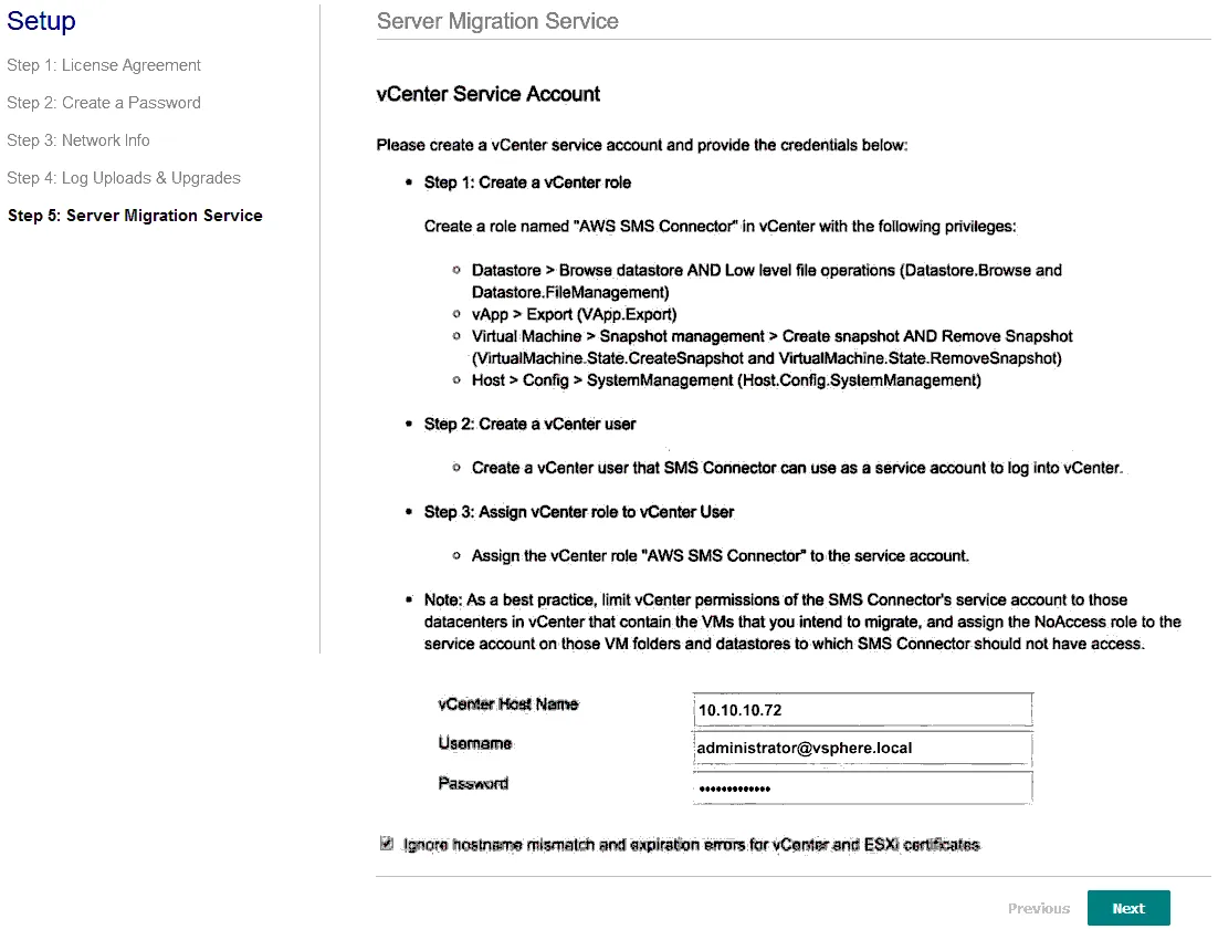 Entering credentials of vCenter from which to move VMware VM to AWS