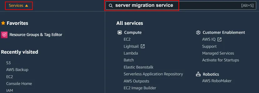 Opening AWS Server Migration Service for VMware VM migration to AWS