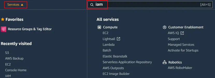 Opening the IAM page in AWS Management Console