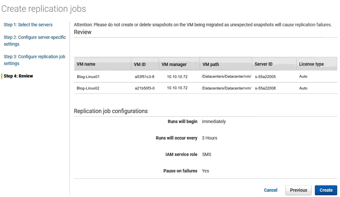Reviewing settings before starting VMware migration to AWS