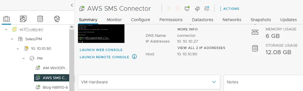 Running AWS SMS Connector in vSphere to perform AWS EC2 migration