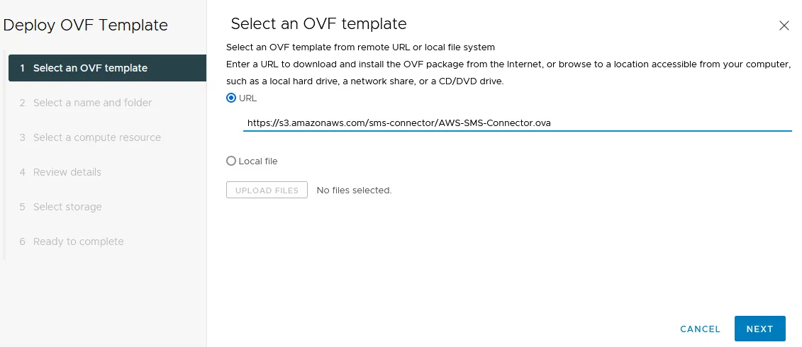 Selecting an OVA file to deploy a virtual appliance