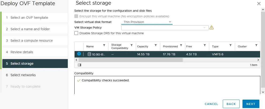 Selecting storage to deploy an OVA template for VM migration to AWS