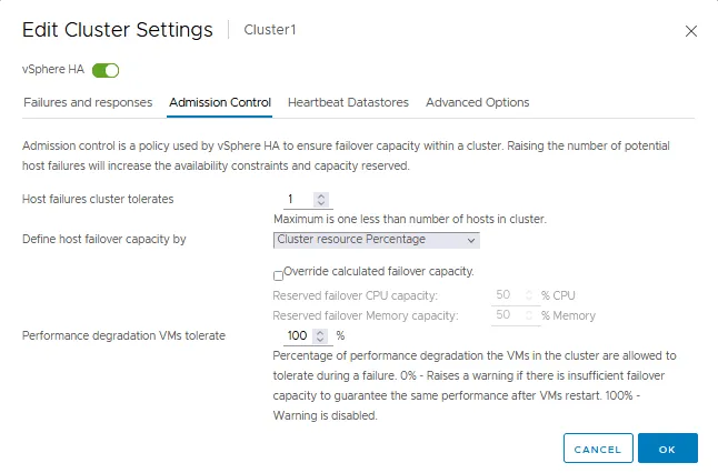 Admission control settings for VMware HA configuration