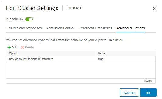 Advanced options to configure vSphere HA