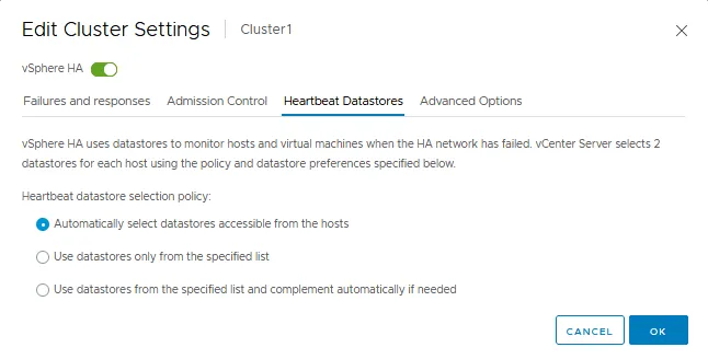 Heartbeat datastore settings for VMware HA configuration