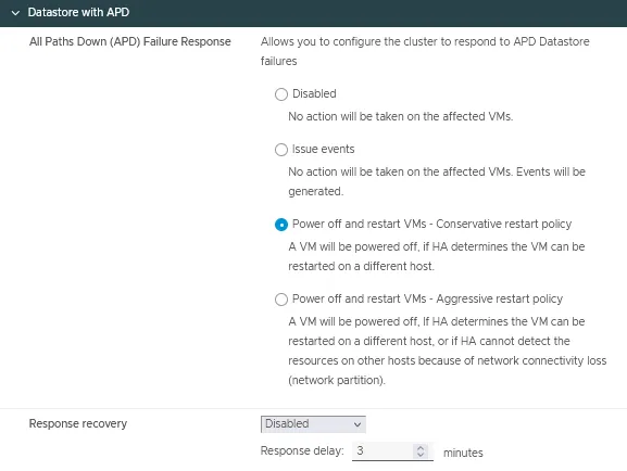 VMware HA settings – APD failure response