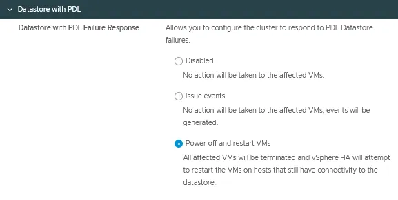VMware HA setup – Datastore with PDL settings