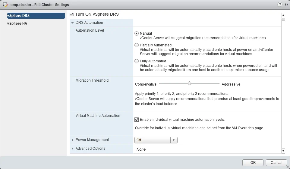 DRS automation settings