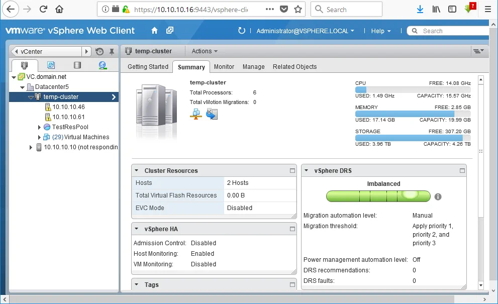 Viewing the summary of a VMware DRS cluster with vSphere Web Client