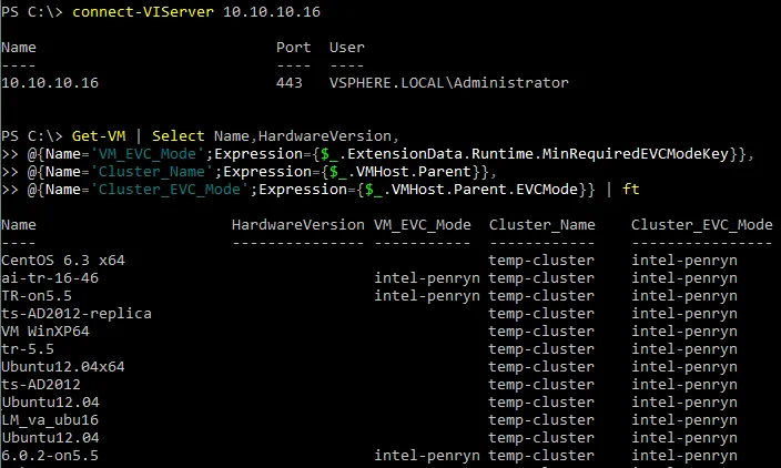 Checking the EVC mode configuration by using PowerCLI