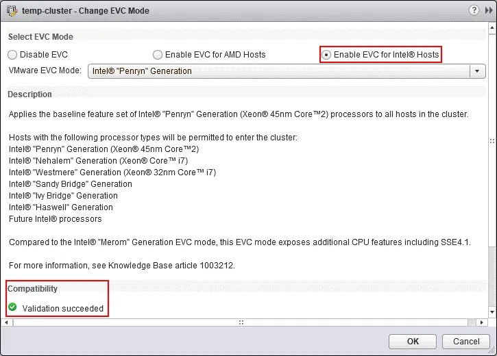 Enabling the EVC mode and passing the compatibility validation