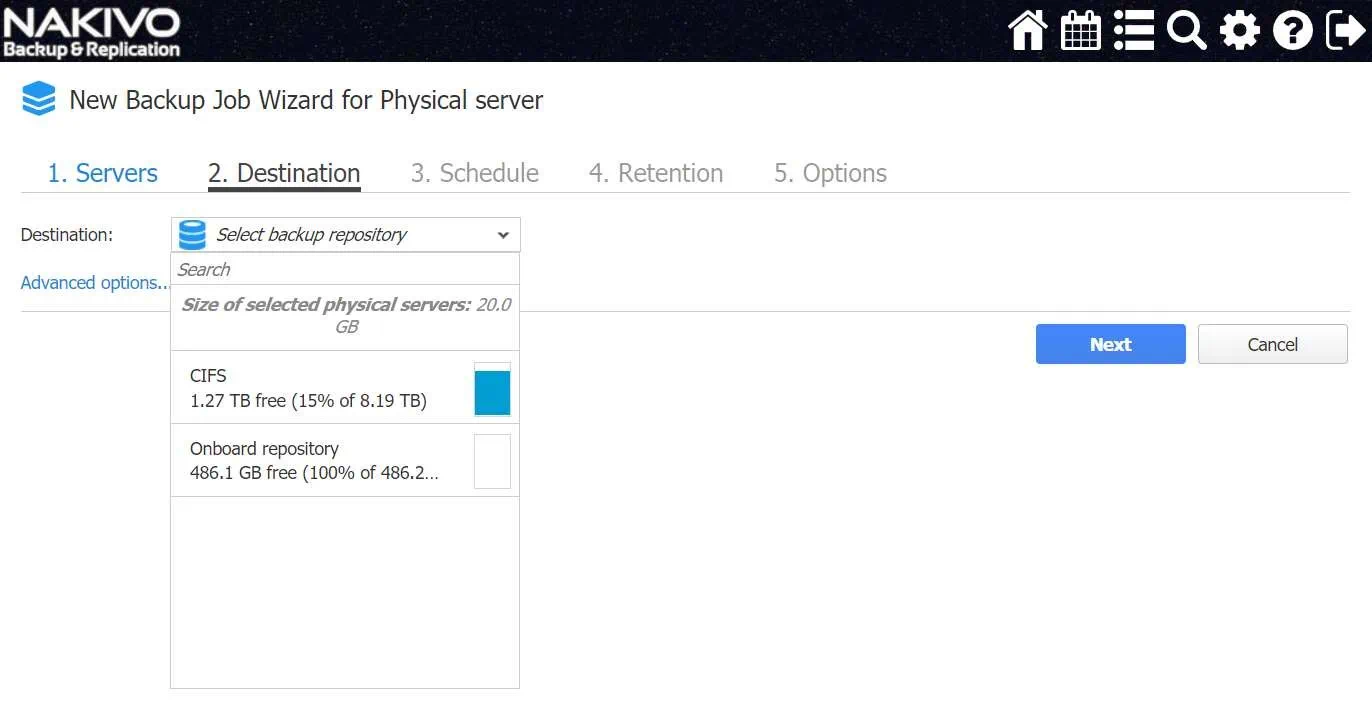 Select a target backup repository (Windows Server 2016 Essentials vs Standard)