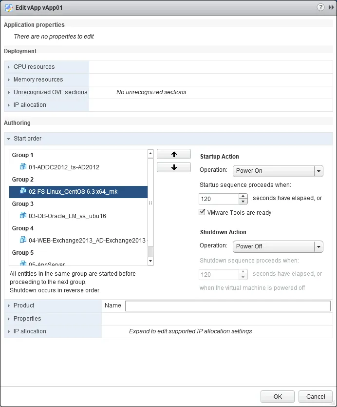 Editing the VM startup order for the VMware vApp.