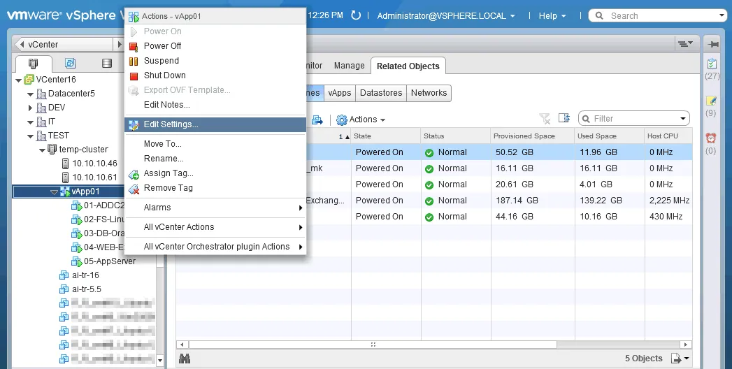 Editing VMware vApp settings.