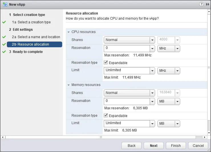 Resource allocation for the VMware vApp.