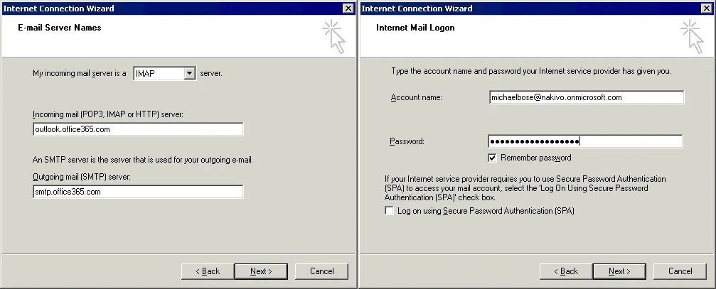 Office 365 SMTP settings are entered in the account settings of Outlook Express
