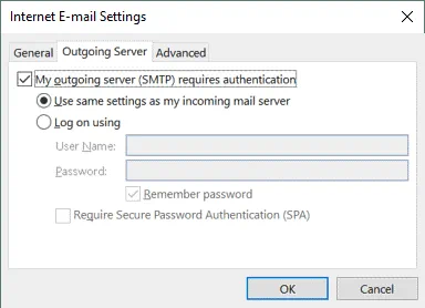 Office 365 SMTP settings – enable authentication for the SMTP server in the settings of Outlook 2016