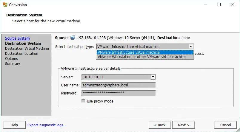 P2V VMware Converter_selecting the destination system