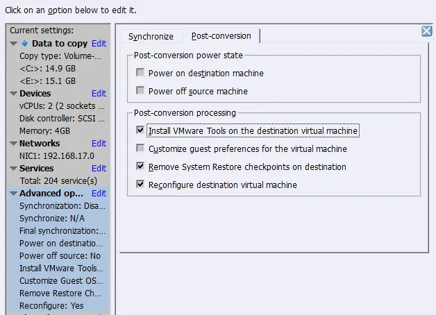 Post-conversion processing options in VMware Converter