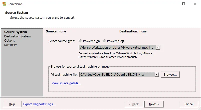 Selecting a VMware Workstation machine as the source machine in VMware Converter