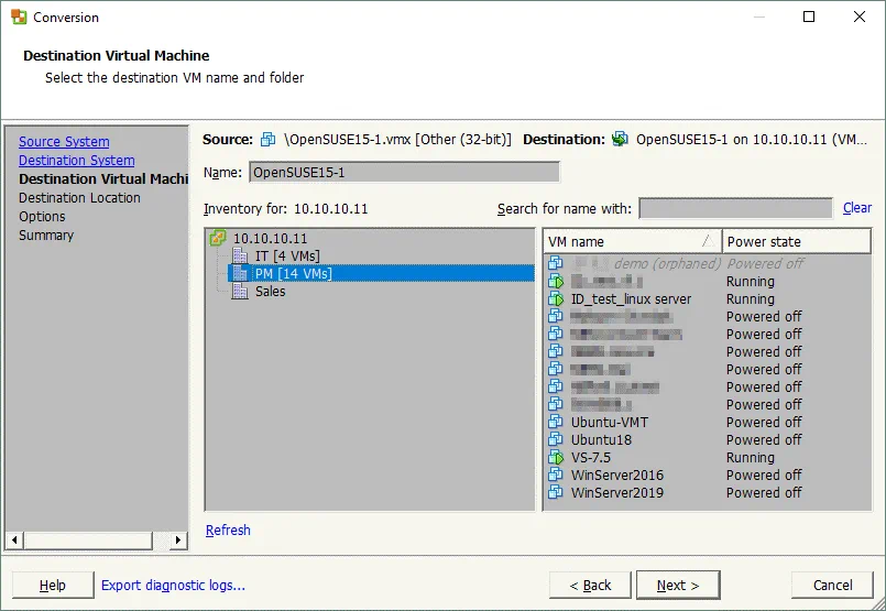 Selecting a destination VM in VMware vSphere
