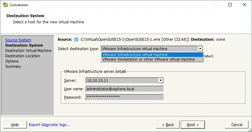 Selecting destination machine for a new V2V migration job in VMware Converter