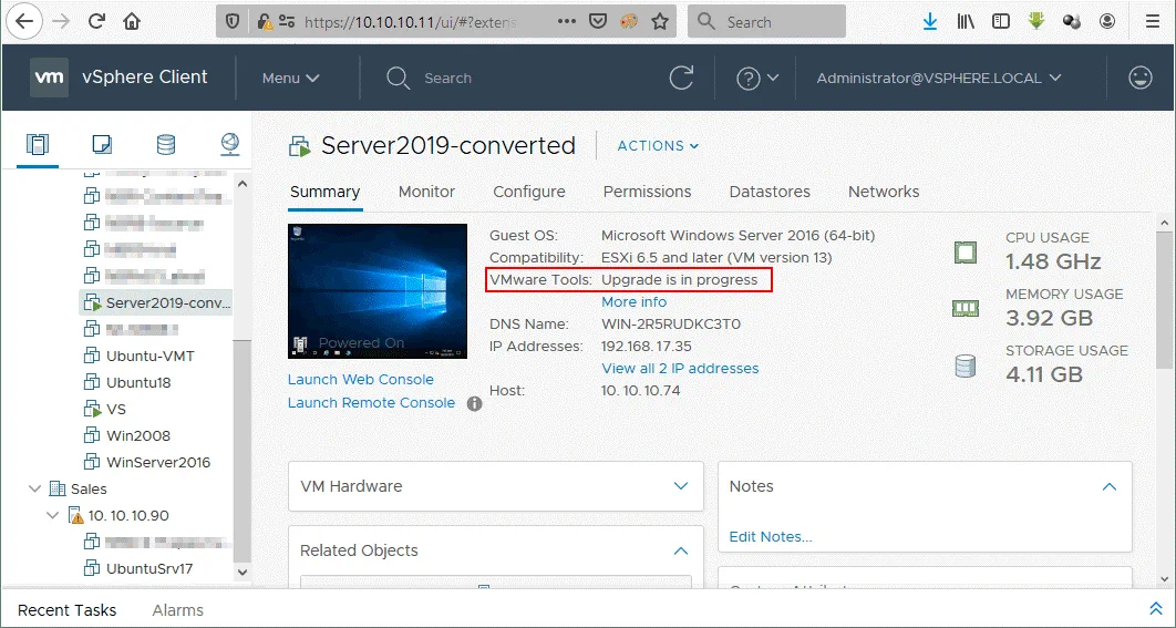 The P2V migration of the Windows machine with VMware Converter has been completed successfully