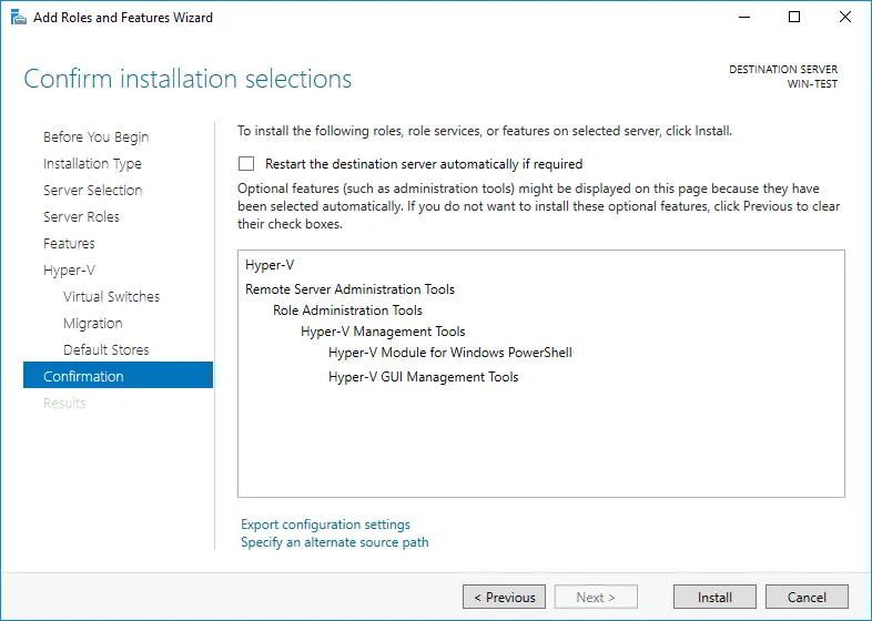 The final stage to install Hyper-V on Windows Server 2019