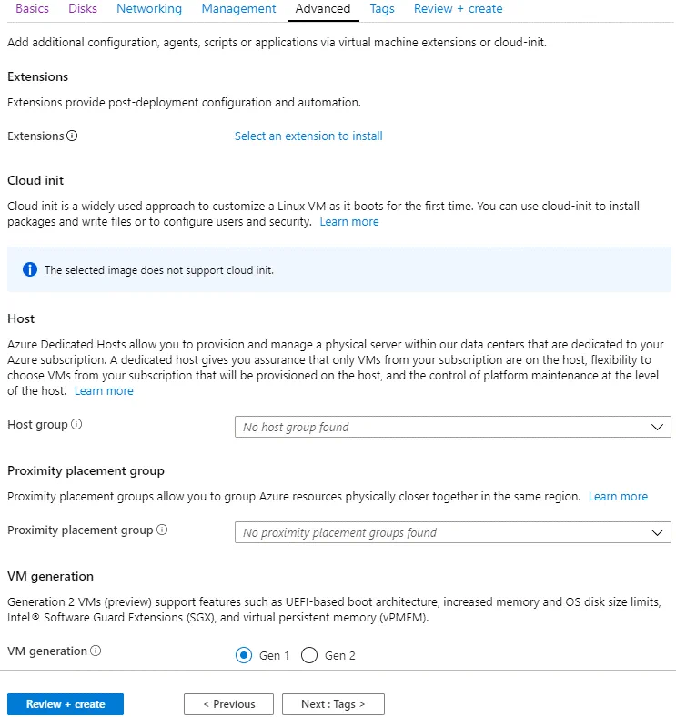 Configuring advanced settings for a new Azure VM