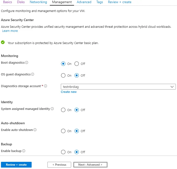 Configuring management parameters for the new Azure VM