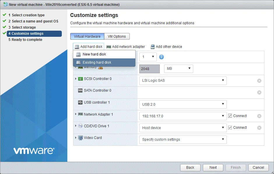 Importing a virtual disk converted from VHD to VMDK to a VM on ESXi