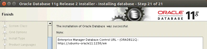 The installation of Oracle Database was successful on Ubuntu Linux