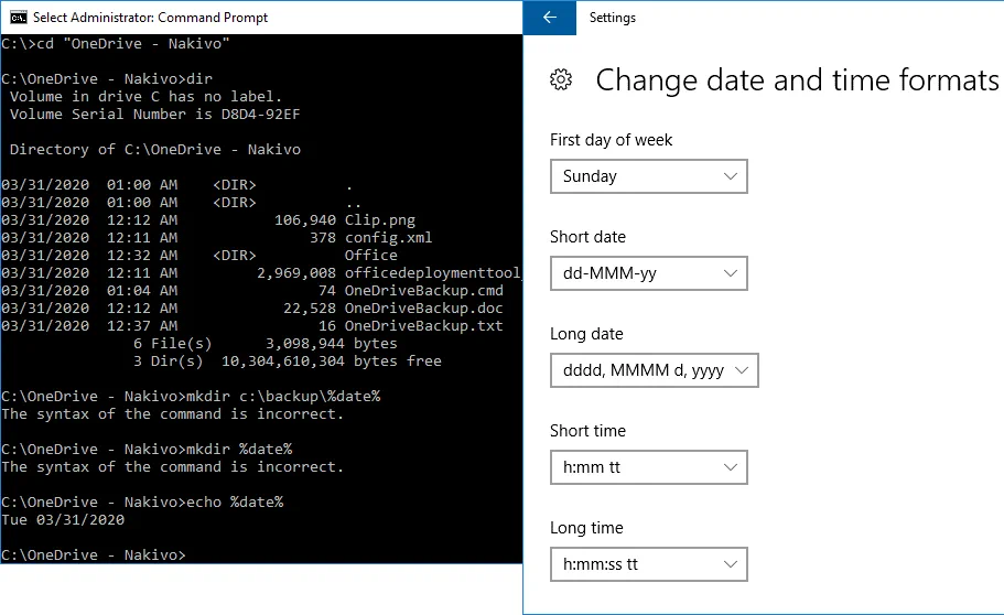 Checking the date and time format before configuring OneDrive backup