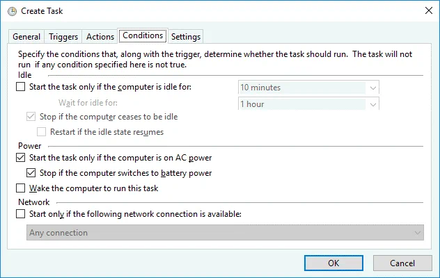 Configuring conditions for a scheduled task