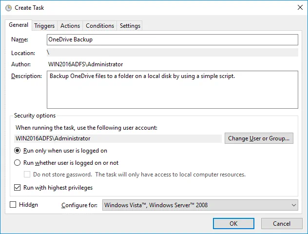 General options for a new task in Windows Task Scheduler