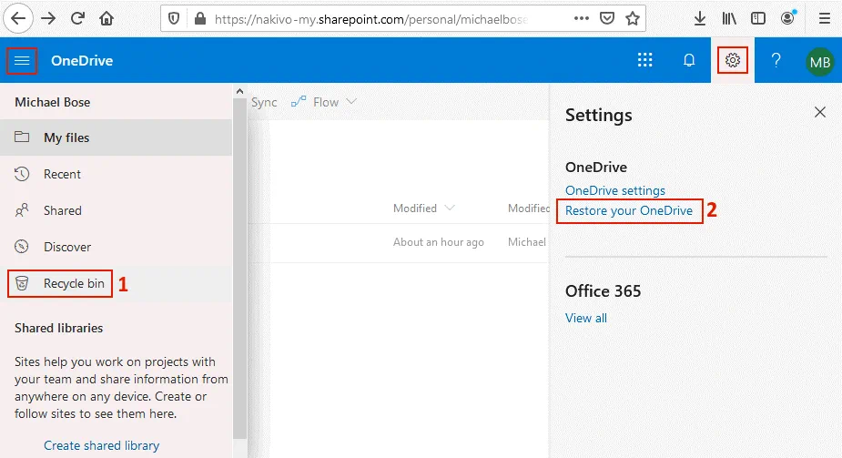 OneDrive recovery options in the web interface