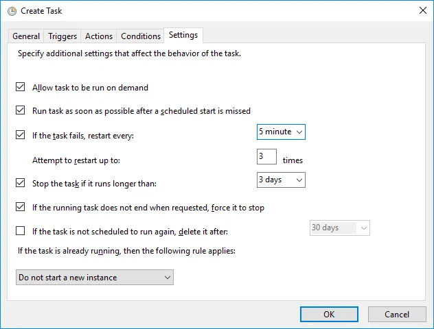 Settings for a scheduled task