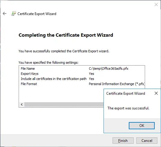 The certificate was exported successfully