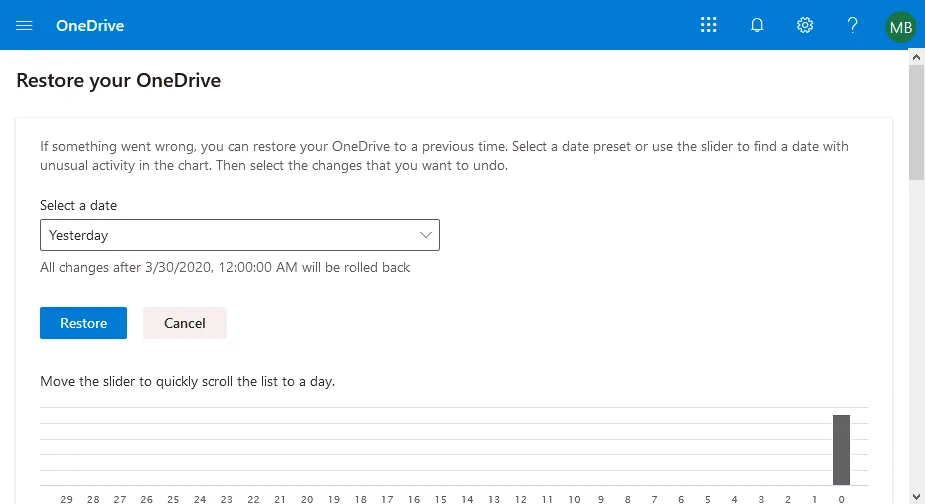 Using Restore your OneDrive options for OneDrive recovery