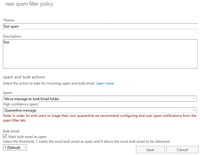 A spam filter policy for Exchange Online Protection