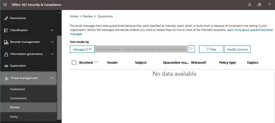 Quarantine for Exchange Online Protection