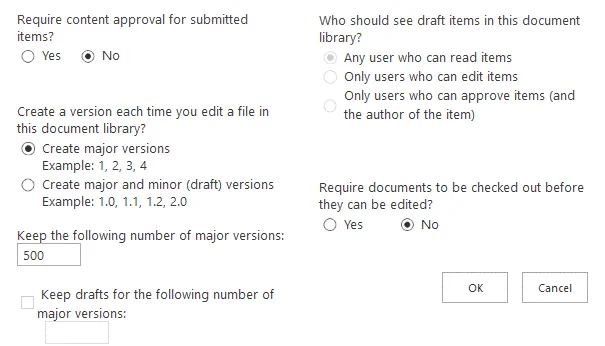 Versioning settings for Office 365 SharePoint