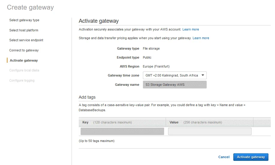 Activating the Amazon Storage Gateway