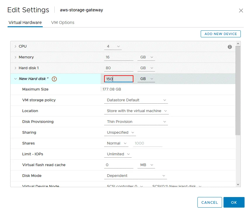 Adding a new 150-GB virtual disk to the configuration of the Amazon Storage Gateway VM