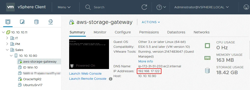 Checking the IP address of the Amazon Storage Gateway virtual appliance