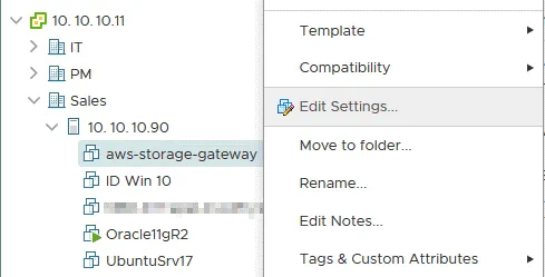 Editing settings of the gateway storage virtual appliance installed as a VMware VM
