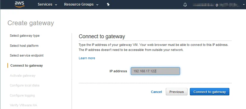 Entering the IP address of the Amazon Storage Gateway running as a VMware VM